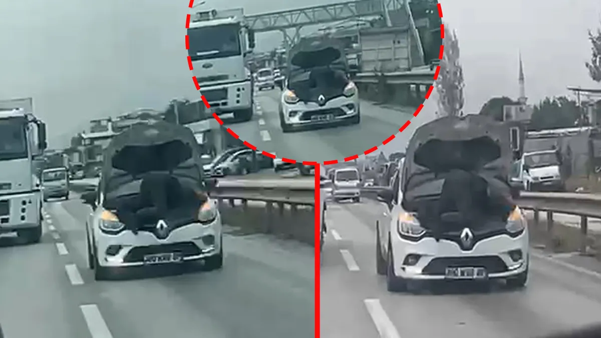 Kritik Açıklama: Bursa’da panik dolu anlar! Kaputu açık otomobilin üzerinde seyahat etti: Canını hiçe sayıp...