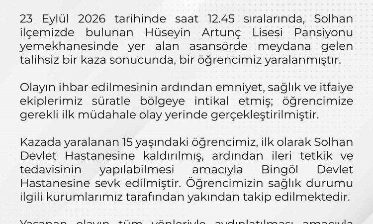 Ayrıntılar Netleşti: Bingöl Valiliği Solhan'daki asansör kazasında bir öğrencinin yaralandığını bildirdi - Son