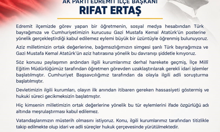 Ayrıntılar Netleşti: Edremit'te bayrak ve Atatürk posterine saldırıya AK Parti'den kınama geldi