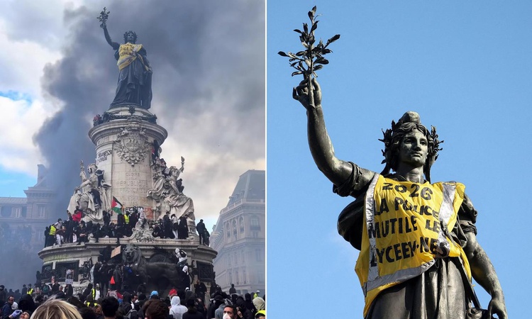 Ayrıntılar Netleşti: Paris’te göstericiler Cumhuriyet Meydanı'ndaki simge heykele sarı yelek giydirdiler ve Me