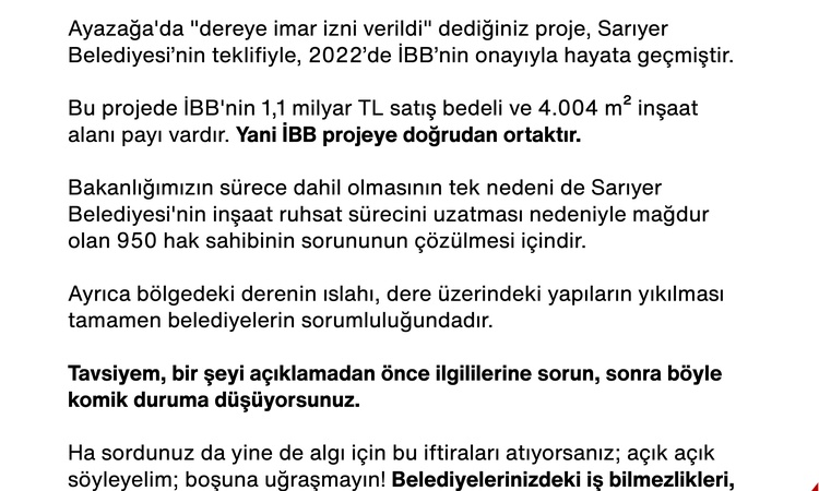 Bakan Kurum, Ayazağa projesinde İBB'nin 1,1 milyar TL satış bedeli olduğunu savundu - Son Dakika Bilgileri