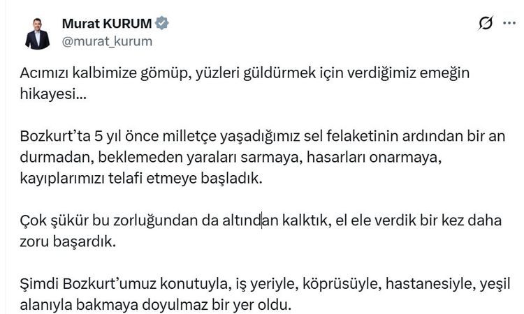 Gündemden Son Bilgiler: Bakan Kurum'dan Bozkurt'taki su baskını felaketinin 5'inci yıl dönümüne ilişkin paylaş