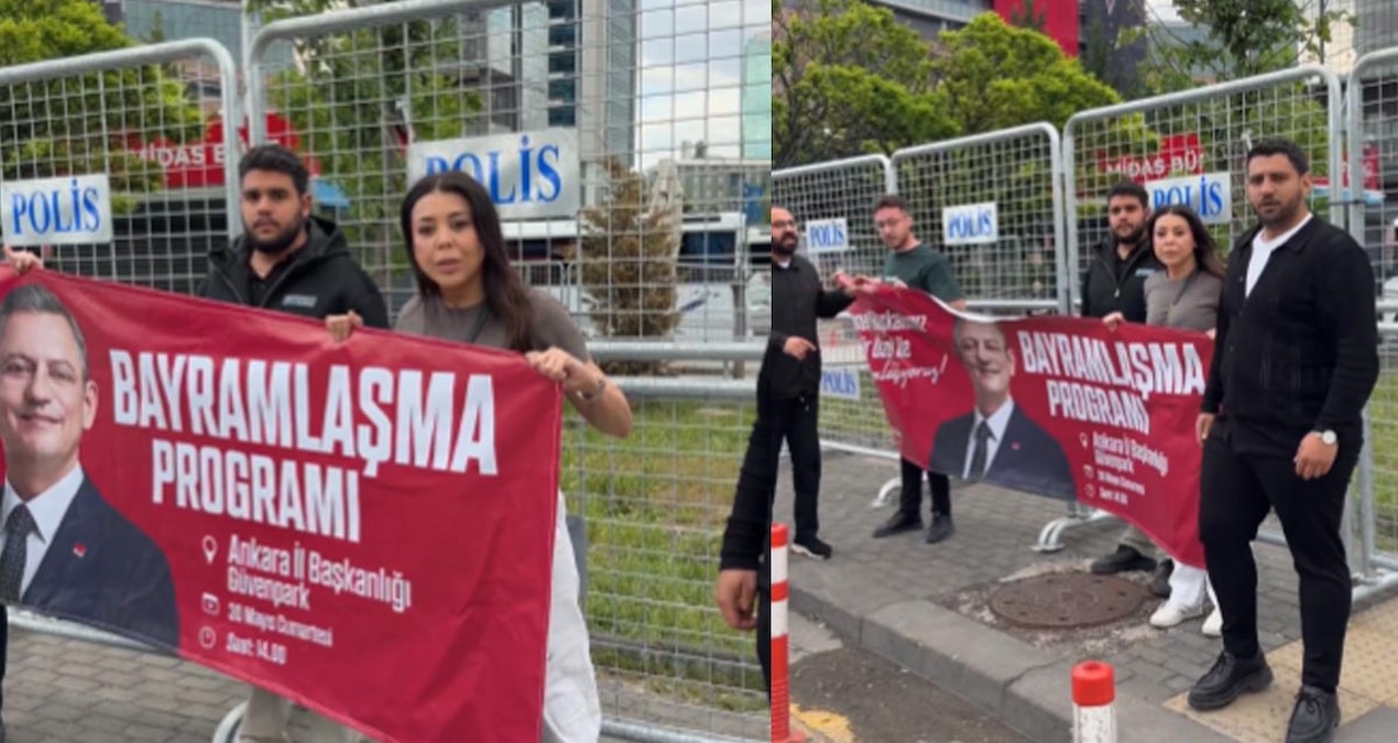 CHP Gençlik Kolları Genel Merkezin girişine Özgür Özel'in bayramlaşma programının pankartını astı - Son Dakika
