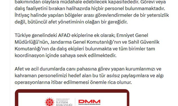 DMM, AFAD dalgıçlarının toplu olarak görevi bıraktığı iddialarını asılsız buldu: Gelişmeler Takip Ediliyor