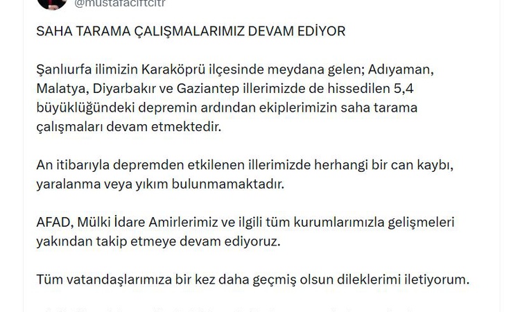 Gündemden Son Bilgiler: Bakan Çiftçi, Karaköprü'deki 5.4'lük depremde yaralanma ve yıkım olmadığını söyledi |