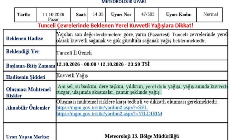 Gündemden Son Bilgiler: Meteoroloji, yarın Tunceli'de kuvvetli sağanak ve gök gürültülü yağış için uyardı: Gel
