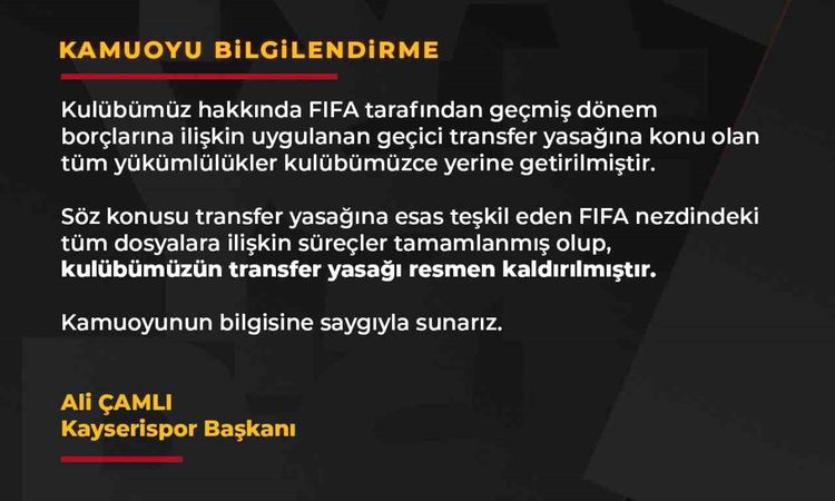 Gündemden Son Bilgiler: Kayserispor'da transfer yasağı kalktı - Son Dakika Haberleri | İşte Tüm Ayrıntılar