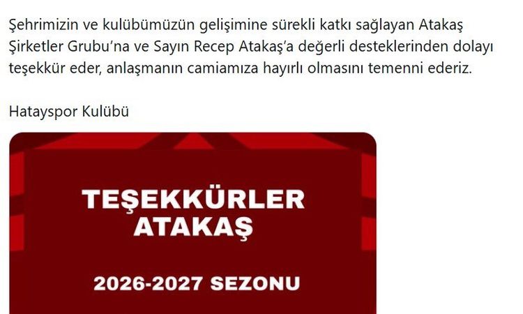 Kritik Açıklama: Atakaş Şirketler Grubu, Hatayspor’a sırt sponsoru oldu