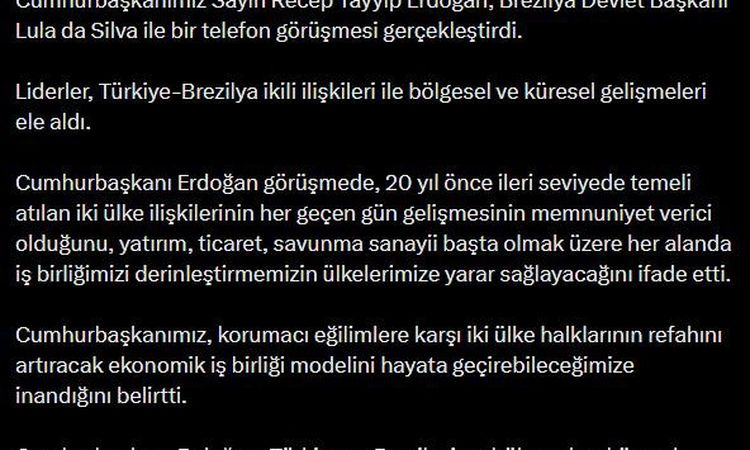 Kritik Açıklama: Erdoğan ve Lula da Silva Telefon Görüşmesi: İkili İlişkiler ve Küresel İş Birliği Ele Alındı