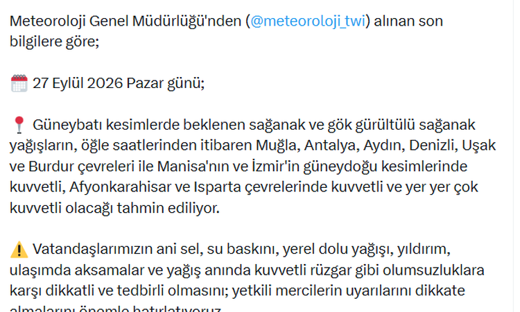 Kritik Açıklama: İçişleri Bakanlığı 27 Eylül'de güneybatıda ani sel ve su baskınına karşı uyardı: Gelişmeler T