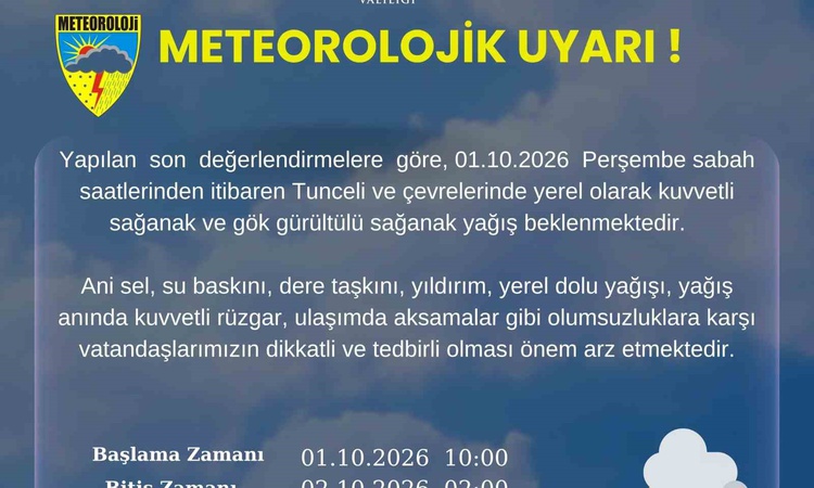 Kritik Açıklama: Meteoroloji, Tunceli'de 1 Ekim sabahından itibaren kuvvetli yağış uyarısında bulundu - Son Da