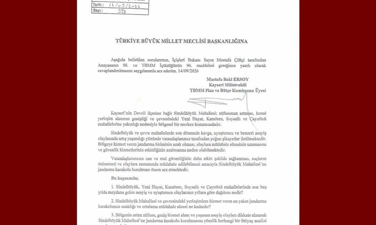 Kritik Açıklama: MHP'li Baki Ersoy, Sindelhöyük'e jandarma karakolu için TBMM'ye soru önergesi verdi: Gelişmel