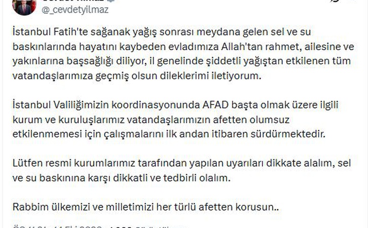 Sıcak Gündem: Cumhurbaşkanı Yardımcısı Yılmaz, Fatih'teki selde ölen kişi için başsağlığı diledi | İşte Tüm Ay
