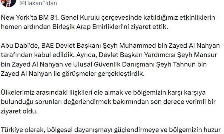 Sıcak Gündem: Dışişleri Bakanı Fidan, BAE ziyaretinde Devlet Başkanı tarafından kabul edildi: Gelişmeler Takip