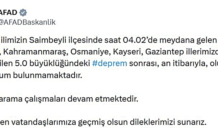 Son Gelişme: Adana Saimbeyli'de 5.0 büyüklüğünde deprem oldu, olumsuz durum bulunmuyor ve Merak Edilenler