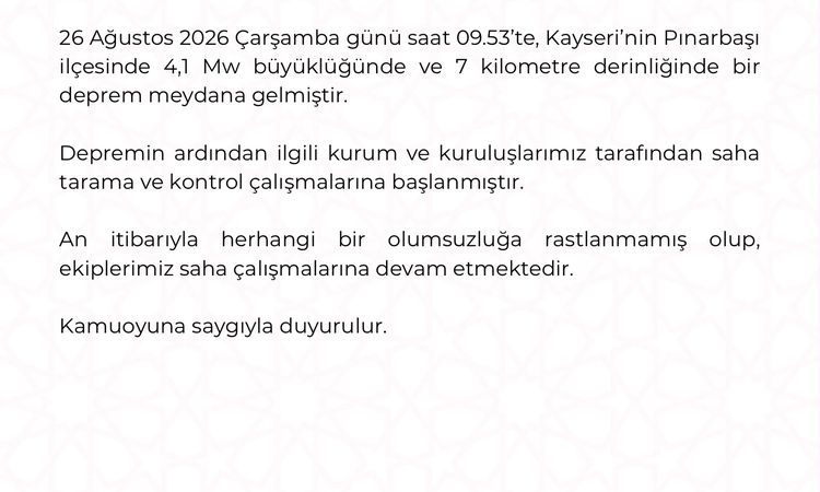 Son Gelişme: Kayseri Pınarbaşı'nda 4.1 Büyüklüğünde Deprem